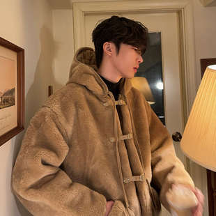 junmanner 羊绒羊羔毛连帽潮流复古加绒加厚毛呢大衣秋冬男生外套