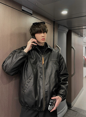 junmanner 纯色长袖pu皮衣外套男冬夹棉加厚日系复古宽松显瘦上衣