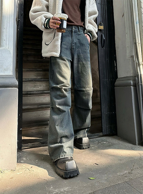 junmanner 水洗牛仔猫须铆钉美式潮牌复古牛仔裤春夏男生裤子工装