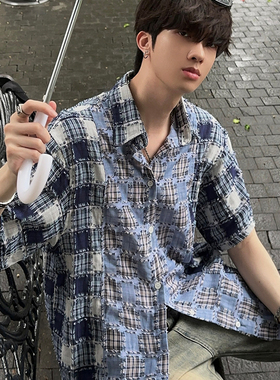 junmanner 格子拼接美式复古潮流翻领长袖衬衫上衣春夏季男生衬衣