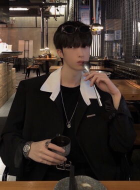 junmanner 假两件平驳领西装男士春韩版痞帅西服潮流宽松外套