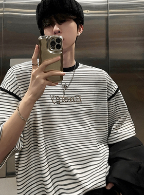 junmanner 条纹字母美式潮流宽松圆领半袖打底针织上衣夏男生T恤