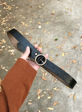 junmanner  铁圈 ＃圆扣＃金色扣 黑色牛皮皮带 男女款