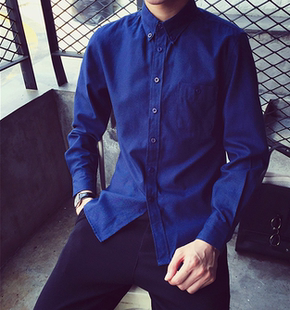 时尚长袖衬衫男士商务休闲修身型彩色大码演出宝蓝色衬衣男工作服