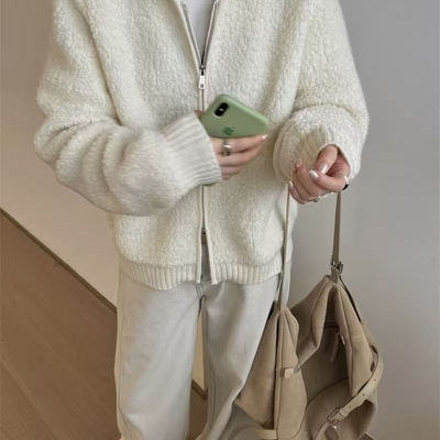 韩系纯色系拉链连帽羊羔毛外套