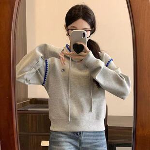 25秋冬连帽卫衣女ADERH韩版贝壳绣小个子帽衫宽松假两件外套上衣