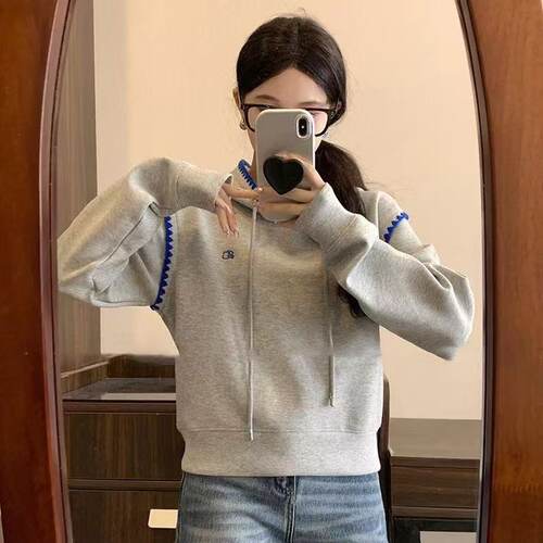 25秋冬连帽卫衣女ADERH韩版贝壳绣小个子帽衫宽松假两件外套上衣