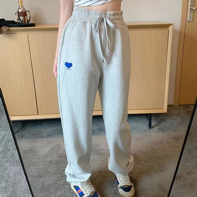 现货ADER卫裤 宋佳白鹿同款裤子爱心刺绣宽松情侣潮牌长裤女款