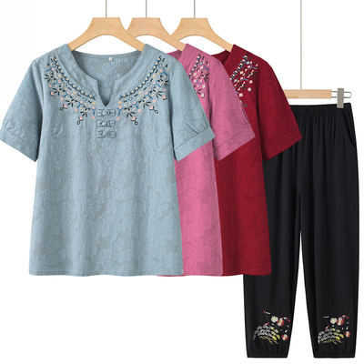 妈妈装套装夏季纯棉短袖t恤宽松