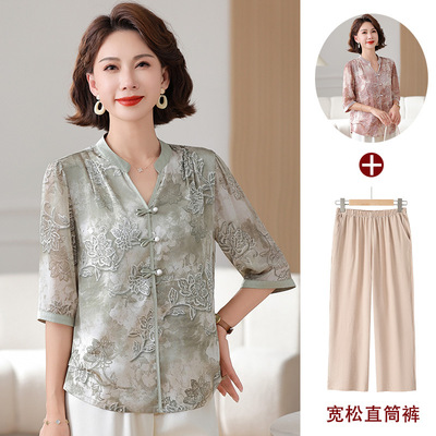 妈妈装夏季新款国风刺绣衬衫中老