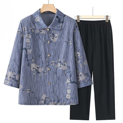 中老年人夏装衬衫女妈妈夏季套装