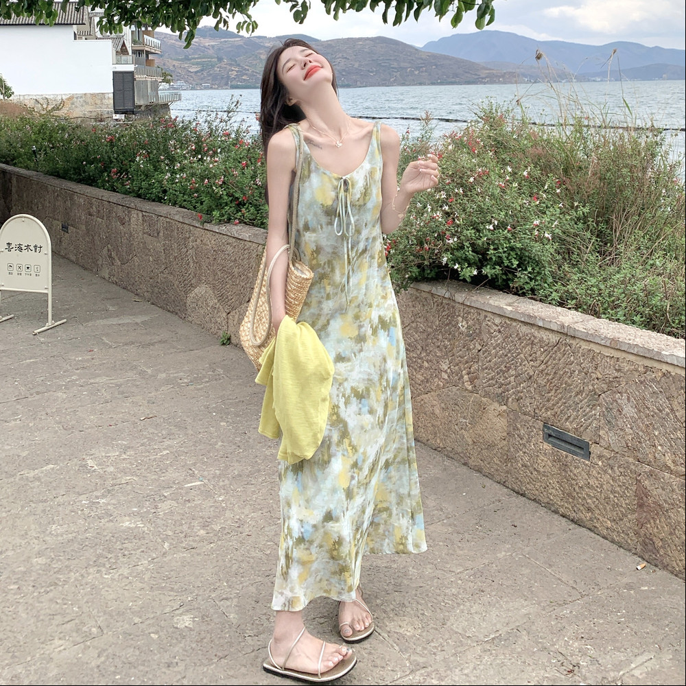 法式气质晕染风印花连衣裙套装女夏新款温柔防晒开衫吊带裙两件套,女装套装/套裙,2C318
