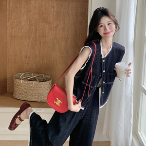 蕾丝拼接牛仔套装女2025夏季新款设计感超火减龄马甲阔腿裤两件套图片