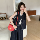 蕾丝拼接牛仔套装女2025夏季新款设计感超火减龄马甲阔腿裤两件套，女装套装/套裙，2C318