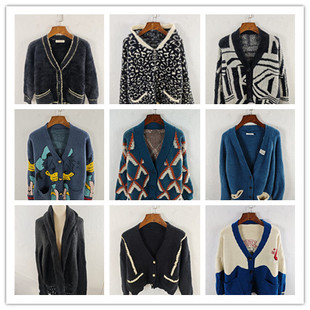 古着秋冬复古韩版宽松修身纯色图案短中长款秋冬毛衣外套女