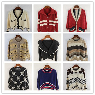古着秋冬复古韩版宽松修身纯色图案短中长款秋冬毛衣外套女