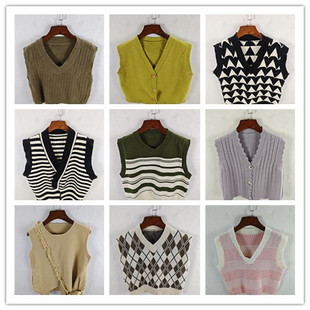 古着秋冬复古韩版宽松修身纯色图案短秋冬毛衣外套马甲女,特价