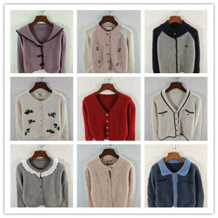 26古着秋冬复古韩版宽松修身纯色图案短中长款毛衣外套女