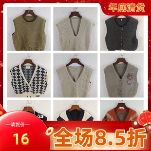 古着秋冬复古韩版宽松修身纯色图案短中长款秋冬毛衣外套马甲女