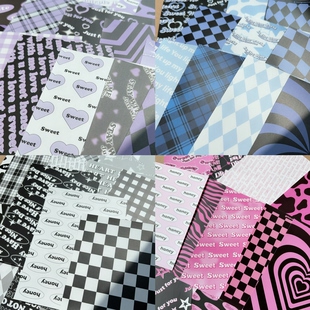 美式甜心电波无粘性素材纸甜酷少女英文格纹手帐装饰打底背景