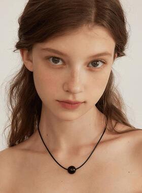 一颗黑玛瑙项链极简黑珠吊坠高级感可调节进口黑绳锁骨链小众项链