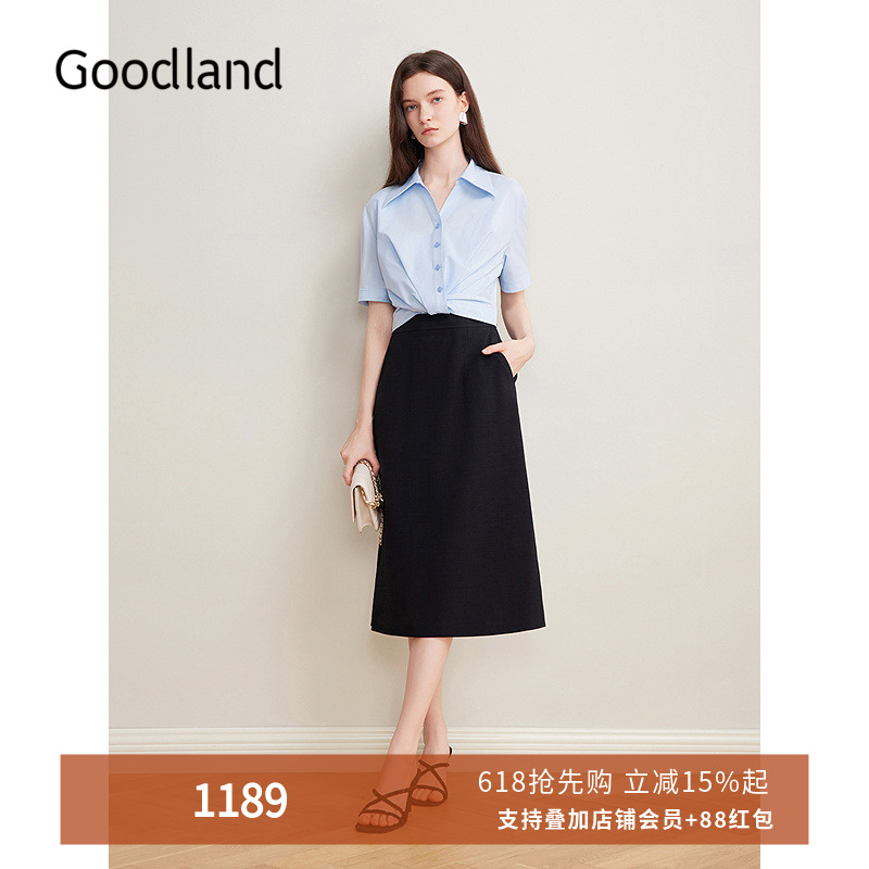 Goodland美地女装2025夏季新款气质假两件醋酸短袖衬衫连衣裙