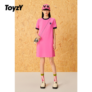 ToyzY2025夏季 连衣裙休闲风针织T恤裙 新款 多巴胺芭比粉圆领短袖