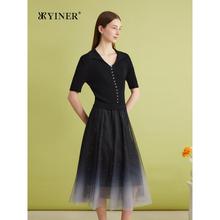 YINER专选夏季法式细闪星空网纱小翻领气质针织连衣裙