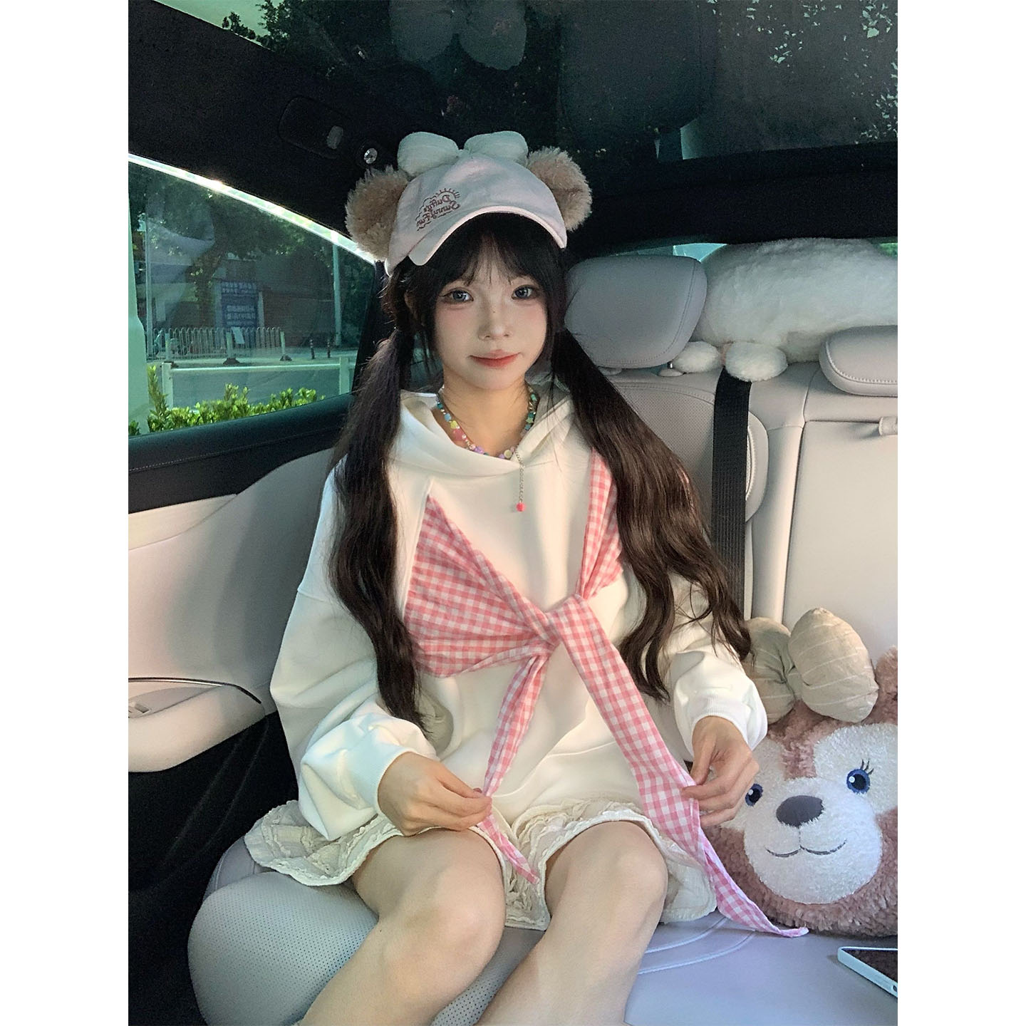 格子绑带披肩连帽卫衣女