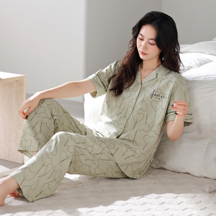 清新爱心树叶印花 长裤 宽松休闲可外穿家居服 纯棉睡衣女短袖 夏季