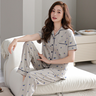 清新蓝莓印花 夏季 套装 长裤 宽松休闲可外穿家居服 纯棉睡衣女短袖