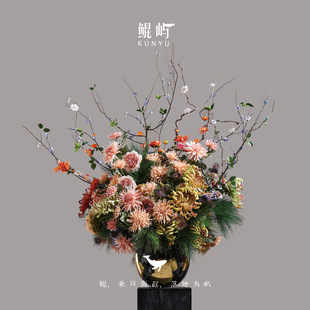 酒店大堂中式 夜月撑枝 玄关摆件 中大型手工贴金箔仿真花 鲲屿