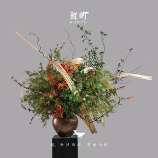 酒店大堂餐桌样板房玄关景观装 仿真大型花陶瓷花瓶 饰 新中式 鲲屿