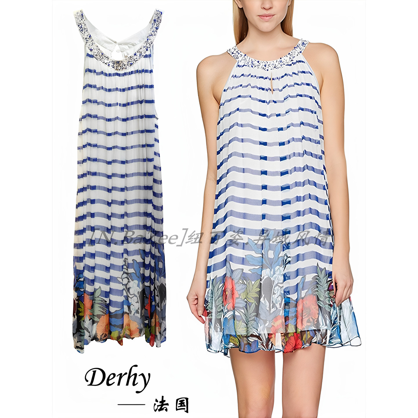 Derhy 法式夏季无袖珠片印度纱印花连衣裙