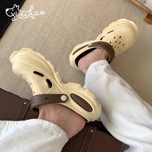 情侣沙滩凉鞋 男女夏外穿时尚 潮酷百搭街头风拿铁色洞洞鞋 细细条