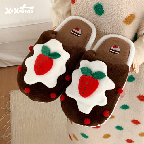 细细条室内可爱草莓蛋糕棉拖鞋