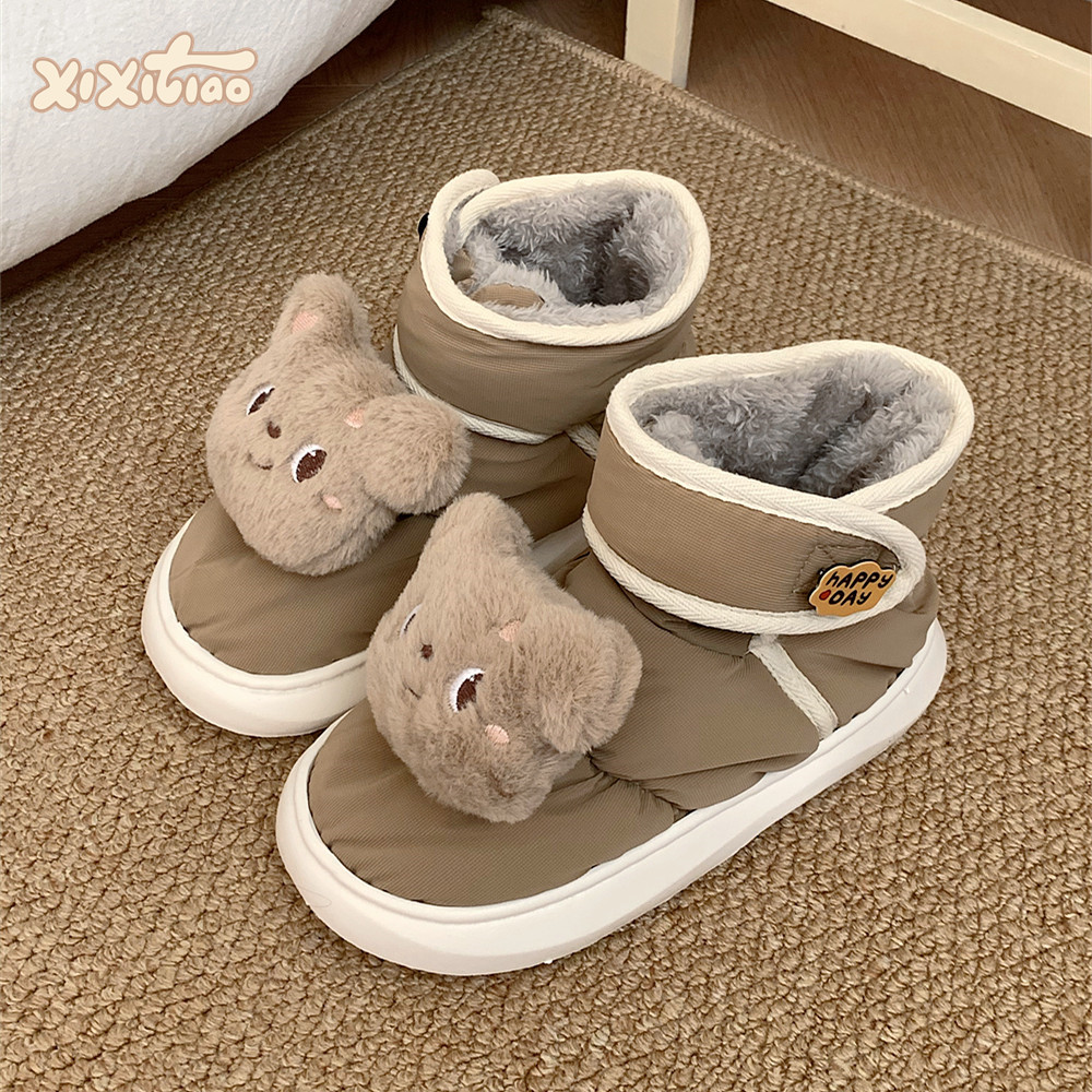 细细条可爱毛绒小熊时尚雪地靴