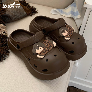 女士拿铁色凉拖鞋 细细条 百搭厚底夏季 豹纹小狗洞洞鞋 ins 街头时尚