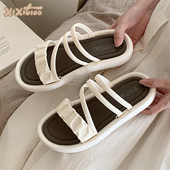 高级感拼色一字拖鞋 女夏季 韩版 细细条 仙女海边度假平底沙滩鞋 ins