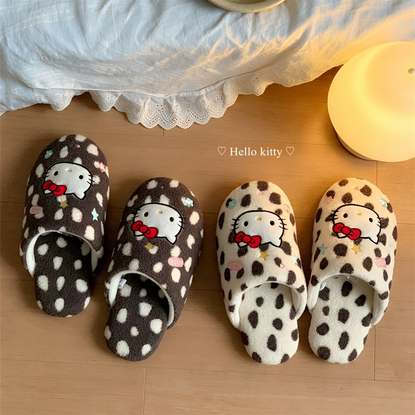细细条 正版波点HelloKitty棉拖鞋女软底秋冬居家静音毛毛月子鞋