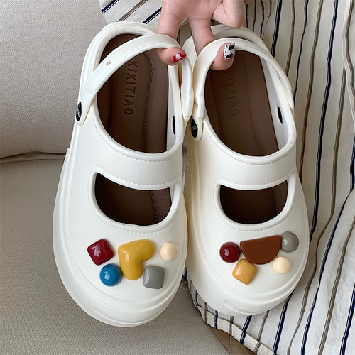 细细条复古爱心几何包头半拖鞋