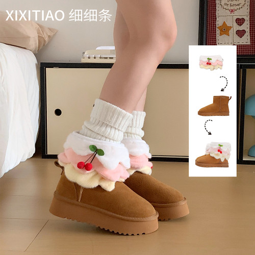 细细条甜美樱桃堆堆袜套女