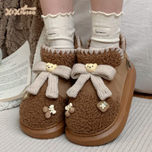 细细条 新款 可爱小熊雪地靴女冬加绒加厚底保暖蝴蝶结羊羔毛短靴