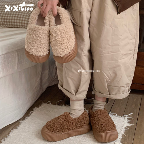 细细条简约羊羔毛百搭厚底豆豆鞋