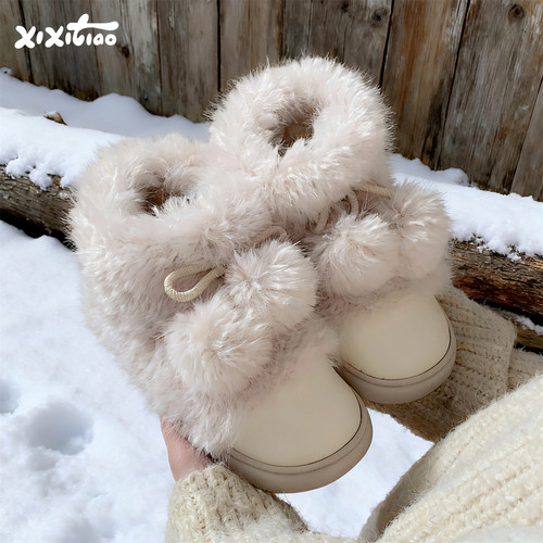细细条蝴蝶结毛球雪地靴女