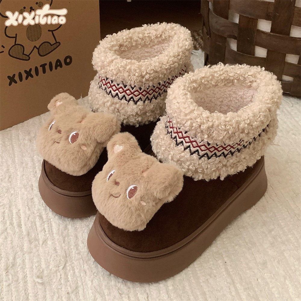 细细条毛绒小熊时尚户外雪地靴
