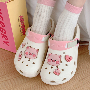 外穿洞洞鞋 细细条 网红百搭新款 夏季 女 少女心可爱小猪包头凉拖鞋