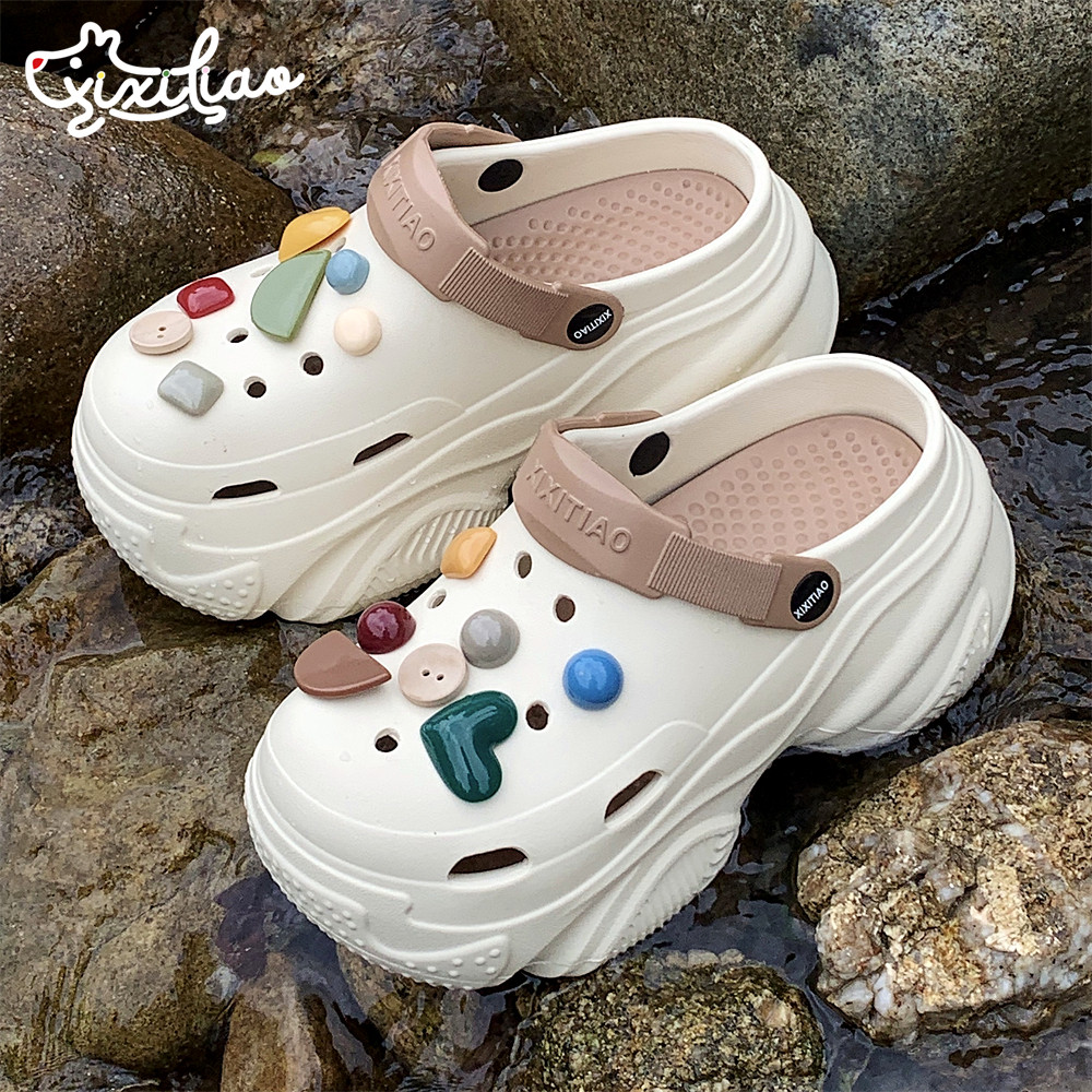 细细条 DIY复古爱心纽扣洞洞鞋女夏季潮酷外穿拿铁色厚底沙滩凉拖,女鞋,洞洞鞋,淘宝优惠券,粉丝福利购,淘宝优惠卷