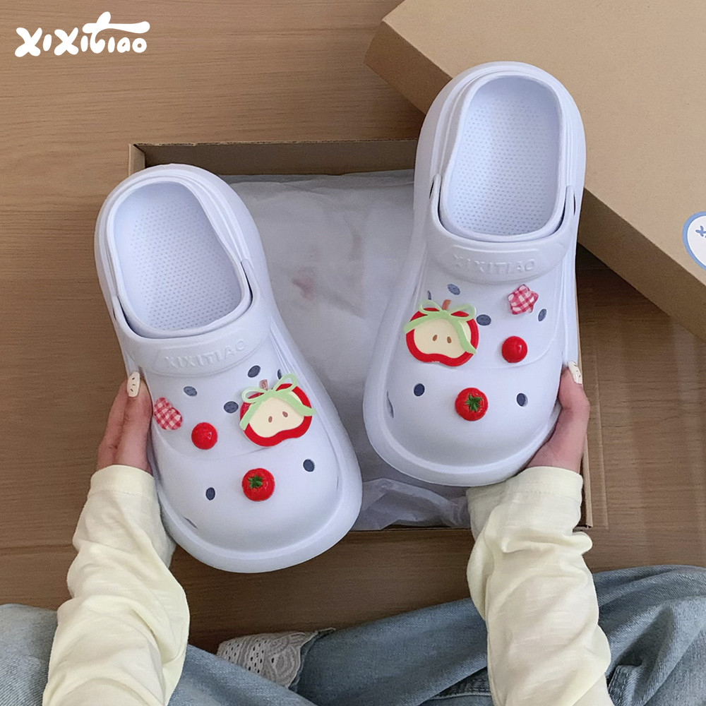 细细条女夏可爱红苹果洞洞鞋