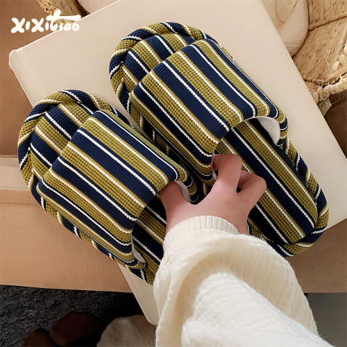 细细条小众撞色条纹亚麻拖鞋女